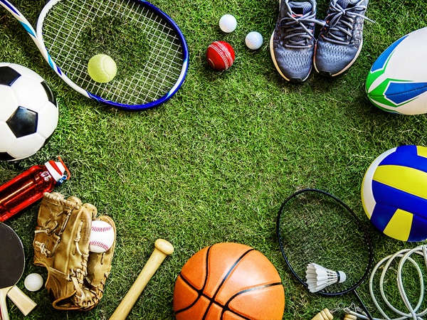 Assorted sporting equipment arranged in a circle