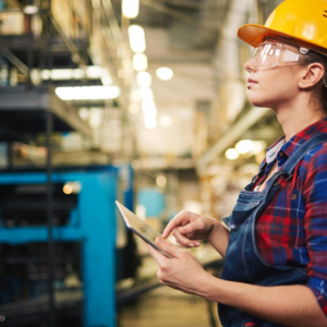 woman hard hat inventory clipboard